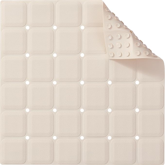 Anti Slip Shower Mat for Tub & Shower Stall, 21" x 21" Square Silicone Bathtub Mat with Powerful Suction Cups, Fast-Draining, Machine Washable Soft Foldable Bathroom Mat, Beige