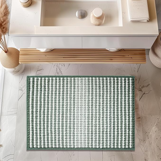 FRESHMINT Chunky Ombre Chenille Bathroom Rug 20"x32", Water Absorbent Soft Bath Rugs for Bathroom Floor, Thick Non Slip Bath Mat Washable Quick Dry Shower Mats, Sage Green and White