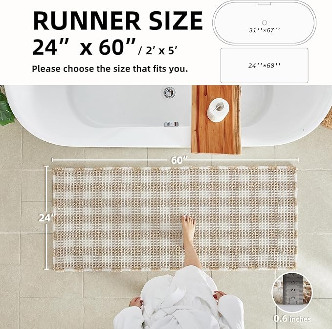 Waffle Runner Rug Bathroom, Long Boho Bathroom Rugs Non Slip Washable Absorbent Checkered Bathroom Mat Quick Dry Farmhouse Bath Mat, 60"x24" Khaki and White