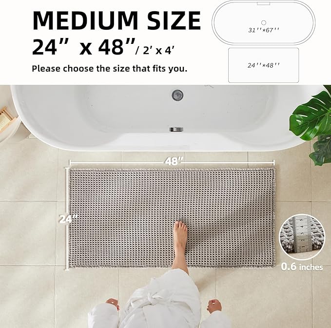 Waffle Bath Mat, Boho Bathroom Rugs Non Slip Washable Super Absorbent Quick Dry Bath Mat Farmhouse Bathroom Decor, 48"x24" Light Grey