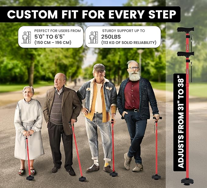 Walking Cane for Men & Women – Foldable, Adjustable, Self-Standing Cane with 360° Pivot Base, Comfortable Grip, Heavy Duty Canes for Women, Collapsible Walking Stick with Travel Bag for Seniors Adults