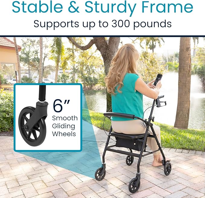 Vive Ultra Lightweight Rollator Walker with Seat - Foldable, Narrow, Rolling Senior Walker for Small Spaces - 4 Wheel Aluminum Adult Easy Drive Aid with Underseat Accessory - Weighs Only 14 Lbs