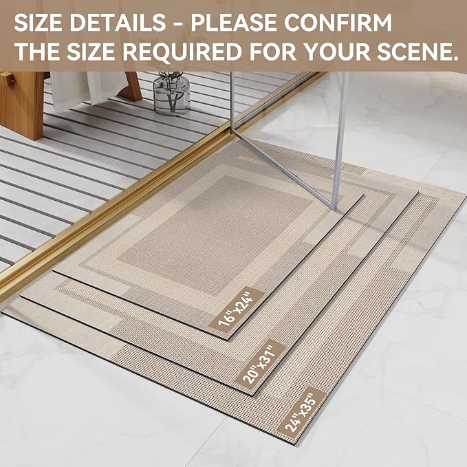 Non Slip Bath Mat, Rubber Backing Ultra Thin Bathroom Rugs Fit Under Door Quick Dry Super Absorbent Washable Bath Rug Shower Mat for Bathroom Floor Bathtub Shower Sink, Easy Care Beige 16"x 24"