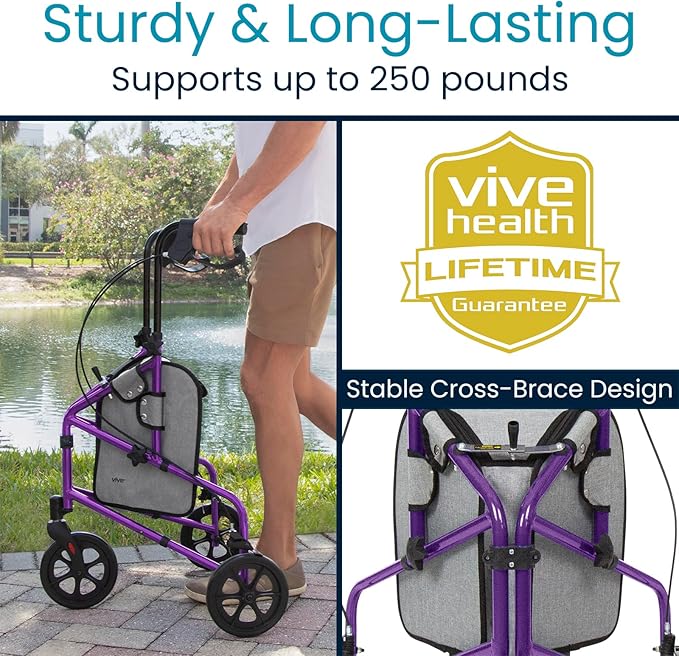 Vive Mobility 3 Wheel Walker - Three Wheeled Rollator for Seniors - Lightweight, Foldable, Narrow, Heavy Duty - for Elderly Men Women - Folding 3-Wheel Tri Scooter with Basket Bag