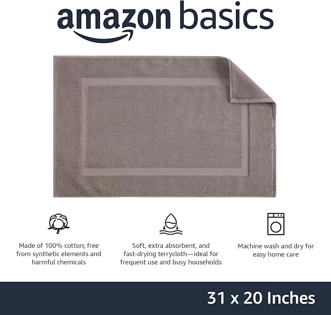 Amazon Basics Banded Bathroom Bath Rug Mat, Light Gray, 31 inches L x 20 inches W