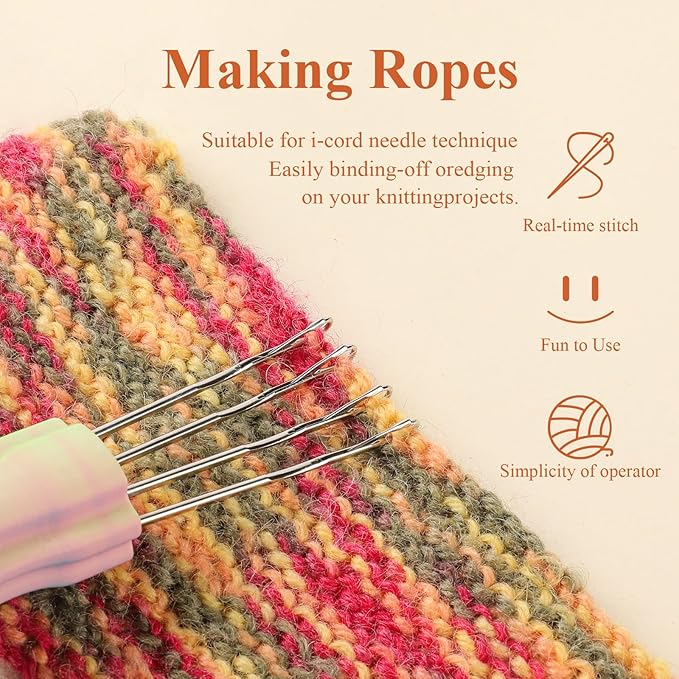 RSRIHE 4 Latch Hook Cord Knitting Tool, Cordy Icord Maker Tools, Crochet Tool for Binding-Off or Edging on Knitting Projects,Crochet Hook with Latch-Hook