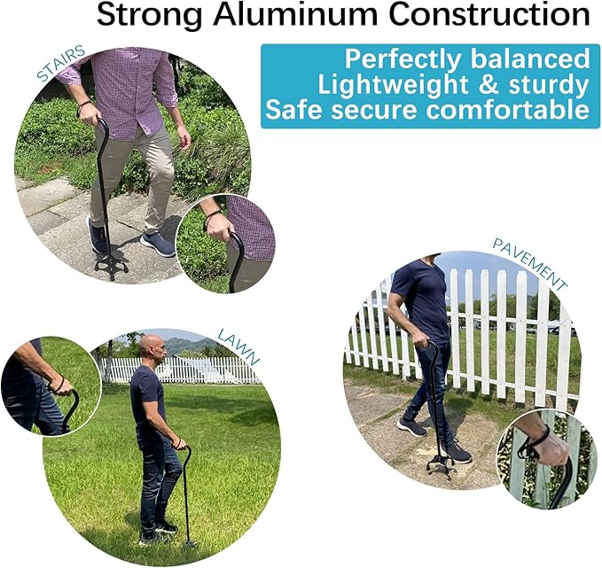 AOHHL Quad Walking Cane Foldable Adjustable Portable Stick Men & Women and Seniors - Lightweight & Sturdy with 4-Pronged Base for Extra Stability Balance,Self Standing Gifts for mom Dad