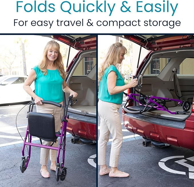 Vive Ultra Lightweight Rollator Walker with Seat - Foldable, Narrow, Rolling Senior Walker for Small Spaces - 4 Wheel Aluminum Adult Easy Drive Aid with Underseat Accessory - Weighs Only 14 Lbs