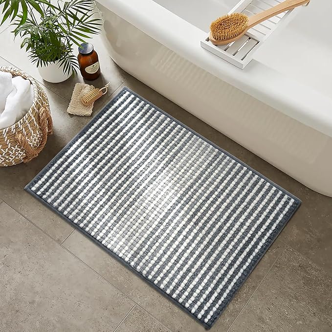 FRESHMINT Chunky Ombre Chenille Bathroom Rug 24"x36", Large Water Absorbent Soft Bath Rugs for Bathroom Floor, Thick Non Slip Bath Mat Washable Quick Dry Shower Mats, Gray and White