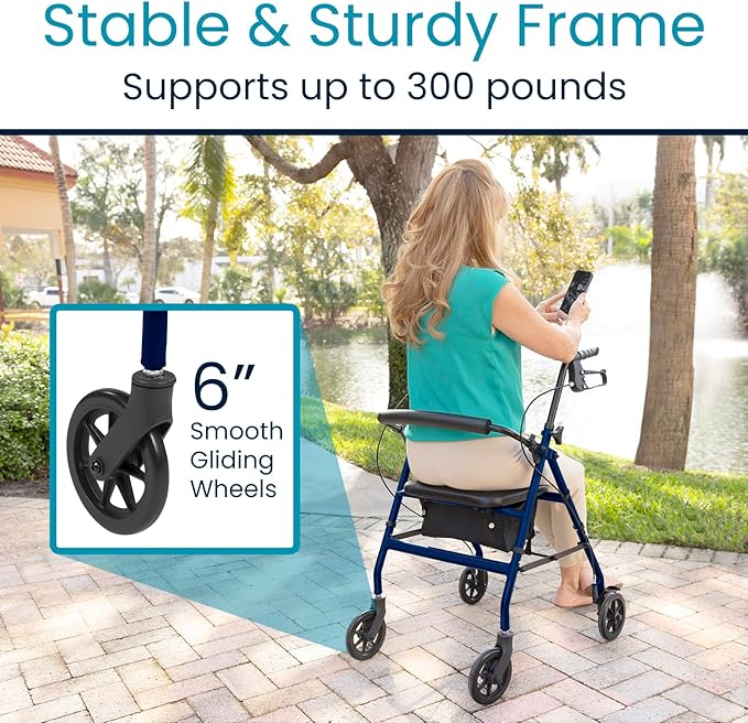 Vive Ultra Lightweight Rollator Walker with Seat - Foldable, Narrow, Rolling Senior Walker for Small Spaces - 4 Wheel Aluminum Adult Easy Drive Aid with Underseat Accessory - Weighs Only 14 Lbs
