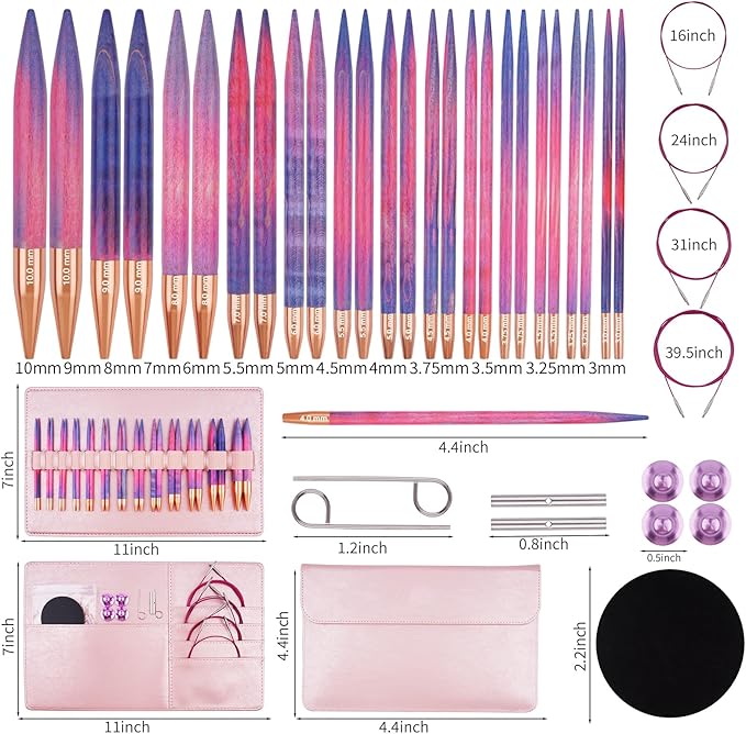 WAZAIGUR Circular Interchangeable Wooden Knitting Needles Set with Case Sizes 3mm, 3.25mm, 3.5mm, 3.75mm, 4mm, 4.5mm, 5mm, 5.5mm, 6mm, 7mm, 8mm, 9mm, 10mm, 13 Pairs, 4 Cables