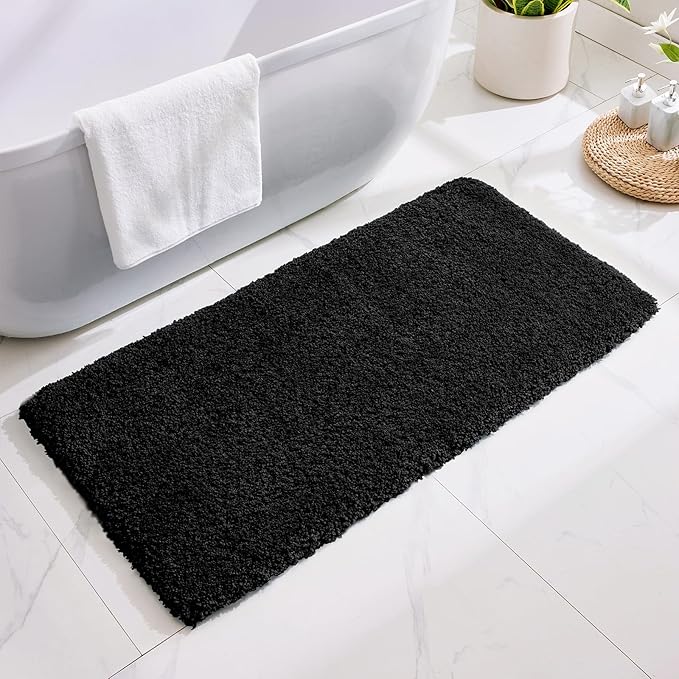 Bathroom Rug 24x48 Non Slip Fluffy Bath Mat for Bathroom Floor Washable Plush Luxury Bath Rug for Tub Soft Shower Mat, Black