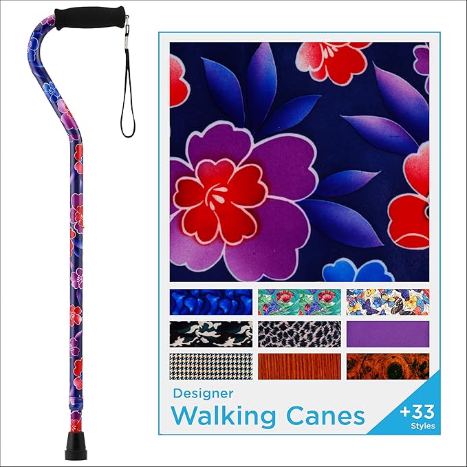Nova Joy Designer Offset Walking Cane for Seniors - Unisex Adjustable Lightweight Aid with Foam Handle, Wrist Strap and Anti-Rattle Lock - Essential Mobility Support - Maui Flowers