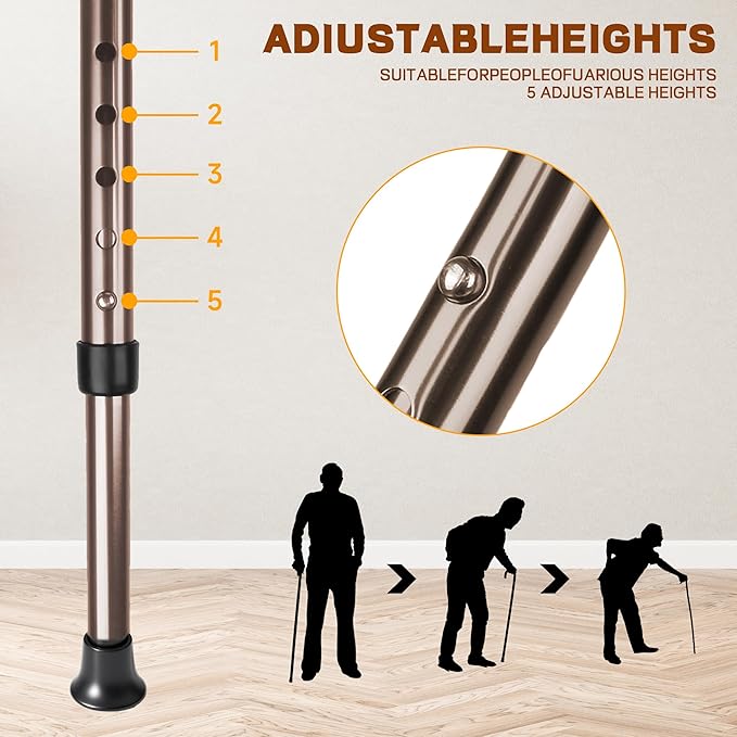 UNLICON-Brown Folding Cane Stool with Seat – Lightweight Adjustable Walking Cane for Seniors, Ergonomic Design, 330 lbs Capacity, Portable and Convenient Cane Chair with Anti-Slip Feet