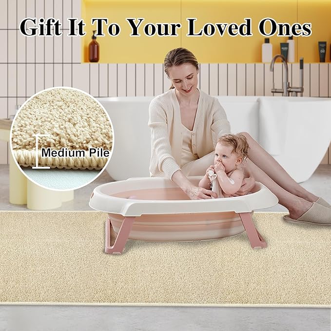 HDFK Bath Mat Runner Rug Non Slip 60x24 Inches Bathroom Rugs 2 Tone Plush Chenille Medium Pile with TPR Backing | Ultra Absorbent Solid Khaki | Long Mats for Tub Side Wet Dry Transition Zone Decor