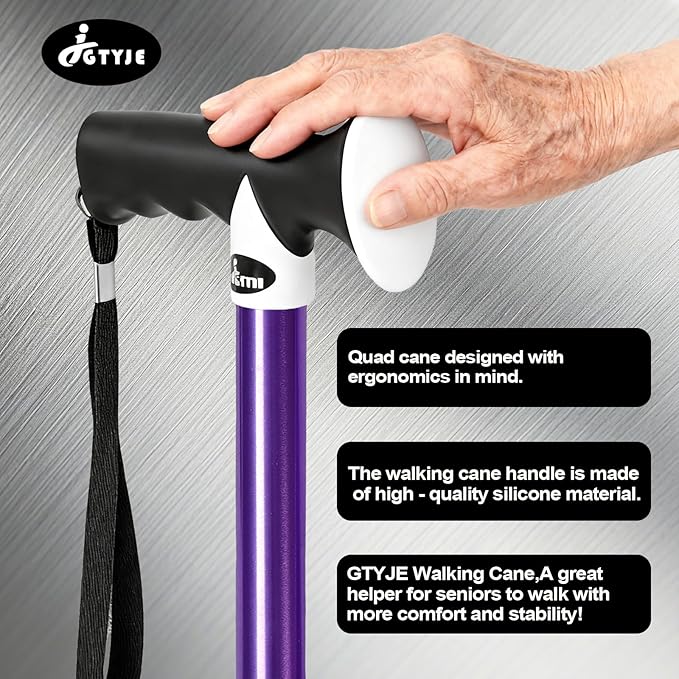 Quad Cane with LED Light (300 lbs) - Adjustable 4-Pronged Walking Cane Sticks for Men & Women, Extra Balance & Stability for Seniors