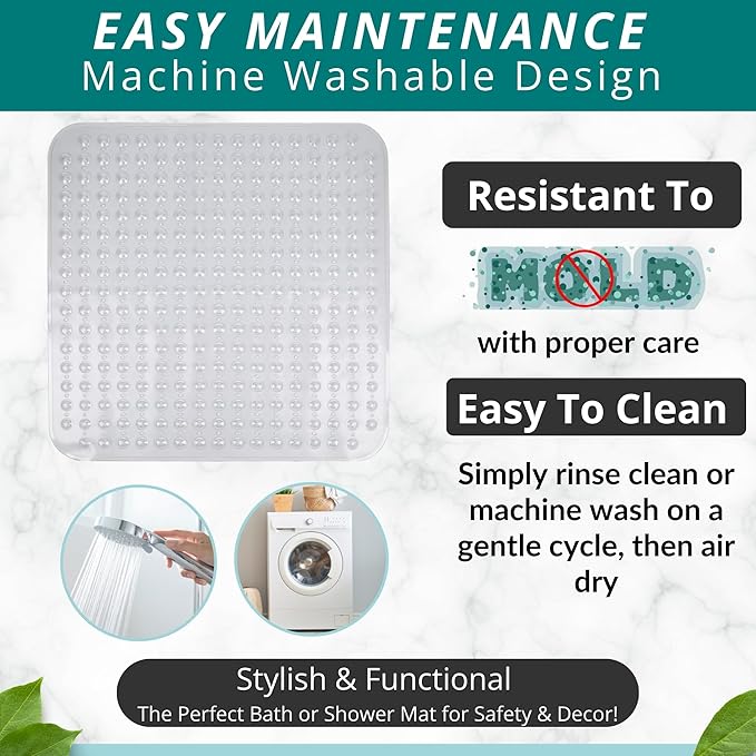 ENKOSI Extra Large Square Non Slip Shower Mat - 31 x 31-inch XL Bathroom Shower Mat - Square Shower Matts for Shower Stall Floors | Secure Suction Cups and Drain Holes (31x31 Clear)