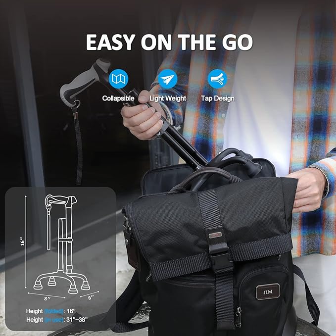 Rehand Quad Cane, Walking Cane with Ergonomic Handle Ever and Graceful 4-Pronged Base for Extra Stability, Adjustable Walking Sticks for Right or Left Handed Men & Women and Seniors