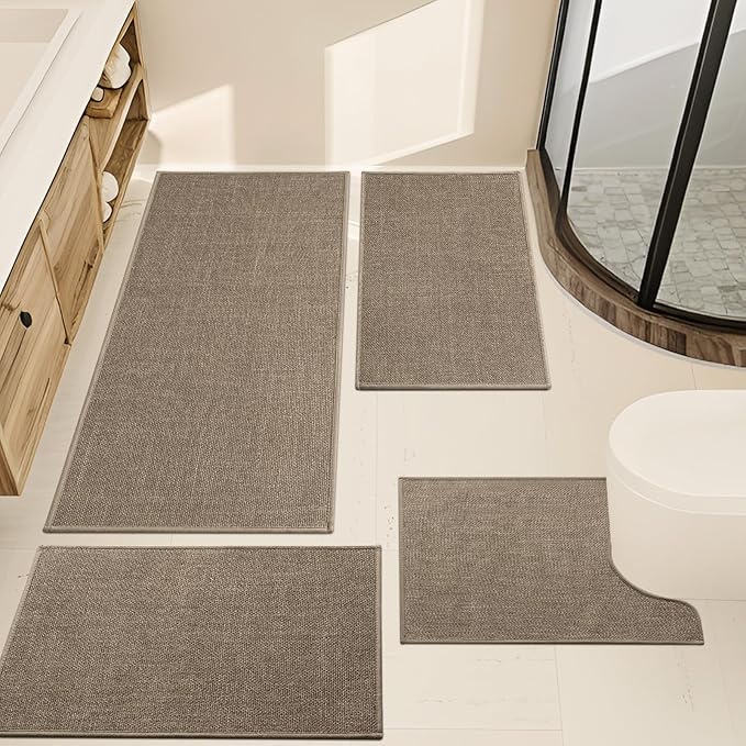 YIHOUSE Brown Bathroom Rug Sets 4 Piece, Dark Beige Absorbent Bath Mat for Bath Room Non Slip Washable,Bathroom Mat Quick Dry, Thin Bath Rug Set for Toilet and Floor