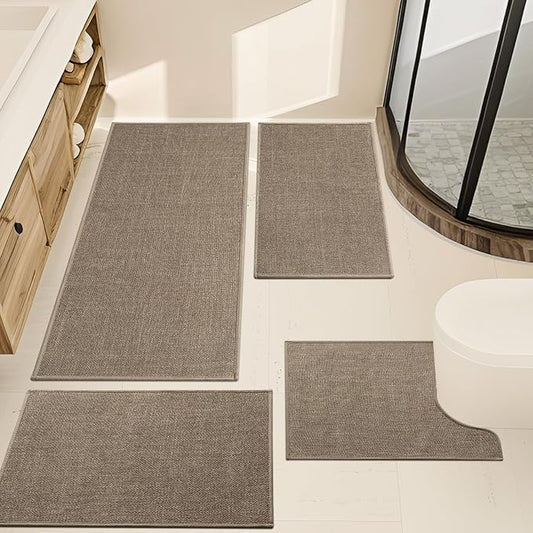 YIHOUSE Brown Bathroom Rug Sets 4 Piece, Dark Beige Absorbent Bath Mat for Bath Room Non Slip Washable,Bathroom Mat Quick Dry, Thin Bath Rug Set for Toilet and Floor