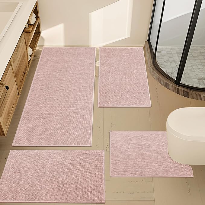 YIHOUSE Pink Bathroom Rugs Set, 4 Piece, Absorbent Non Slip, Quick Dry, Thin Bath Mat for Bathroom and Kitchen