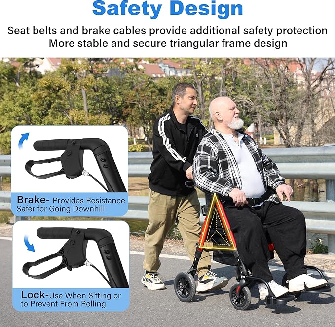 Walkers for Seniors,Heavy Duty Rollator Walker Wheelchair Combo, 2 in 1 Rollator Transport Chair with Brakes, 450 lb Rolling Walker 10" Big Wheels for All Terrain, Red