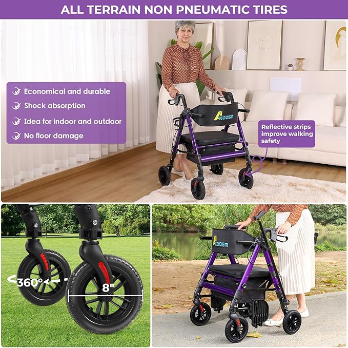 Heavy Duty Rollator Walker for Seniors with Seat, Foldable 2 in 1 Rolling Walkers Wheelchair Combo for Adult, All Terrain Wheels, Adjustable Transport Chair with Brake, 450 lb. Weight Capacity, Purple