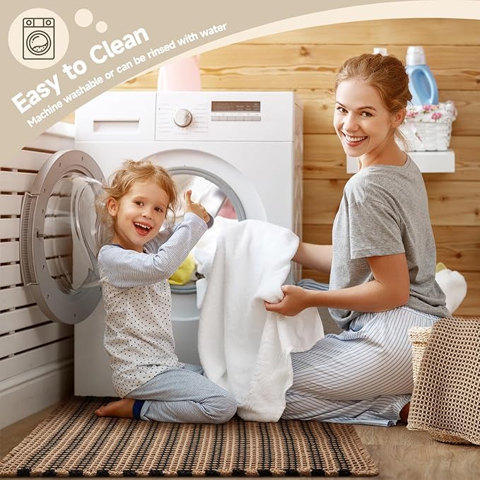 Waffle Bath Mat, Boho Bathroom Rugs Non Slip Washable Super Absorbent Quick Dry Bath Mat Farmhouse Bathroom Decor, 24"x16" Black and Khaki