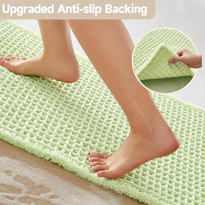 Waffle Runner Rug Bathroom, Boho Bathroom Rugs Non Slip Washable Long Super Absorbent Quick Dry Cute Bath Mat Farmhouse Bath Mat, 60"x24" Pale Green