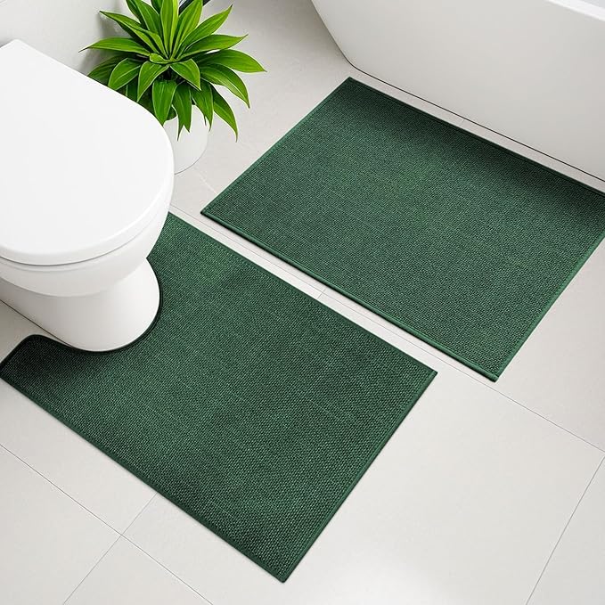 YIHOUSE Green Bathroom Rug Sets 2 Piece, Bath Mat Quick Dry, Thin Bath Rug Set, Absorbent Bath Mat for Bathroom Non Slip Washable for Toilet and Floor 17.5"x24"U+17"x24"