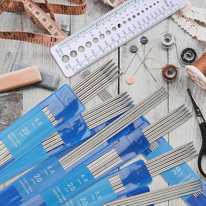 Coopay Short Double Pointed Knitting Needles Kit 20cm, Double Ended Stainless Steel Needles 2.0mm to 5.0mm, DPNS Knitting Pins Set for Beginner & Kids, Sock Knitting Needles 35 Pack & Knitting Gauge