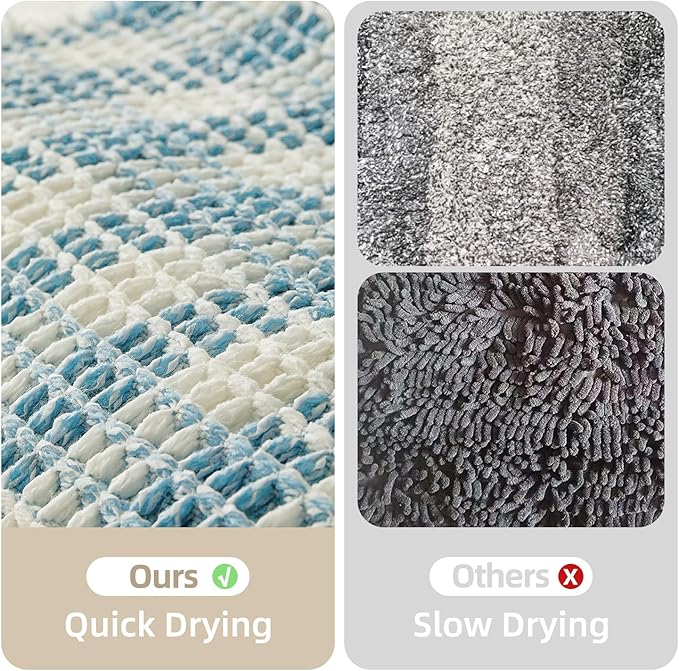 Waffle Bath Mat, Boho Bathroom Rugs Non Slip Washable Absorbent Checkered Bathroom Mat Quick Dry Cute Bath Mat, 48"x24" Blue and White