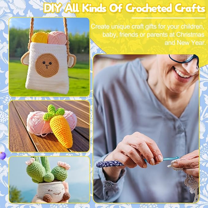 Coopay Warm Crochet Hooks Comfort Grip, Dark Blue & White Porcelain Art Handle Crochet Set for Beginners, Longer Aluminum Shaft Crochet Hook Set 2.0mm-6.0mm, Smooth Crochet Needles Set for Crochet