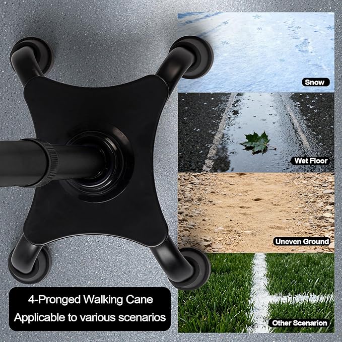 Quad Cane with LED Light (300 lbs) - Adjustable 4-Pronged Walking Cane Sticks for Men & Women, Extra Balance & Stability for Seniors