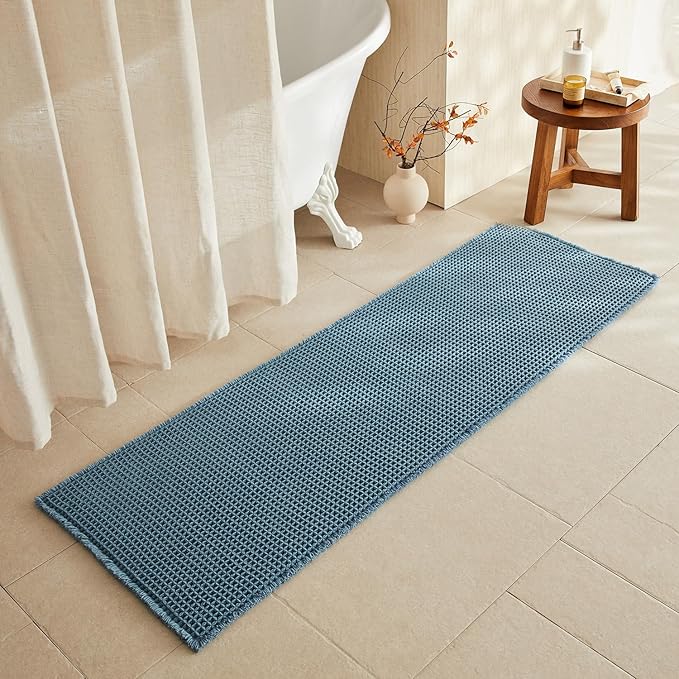 Waffle Runner Rug Bathroom, Long Boho Bathroom Rugs Non Slip Washable Super Absorbent Quick Dry Farmhouse Bath Decor, 72"x24" Denim Blue