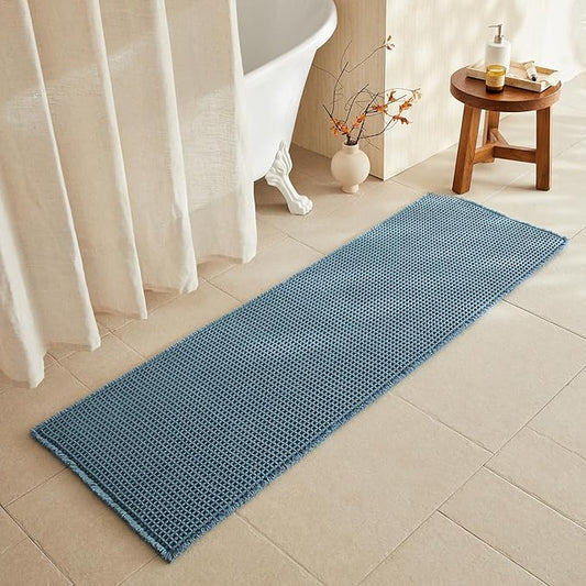 Waffle Runner Rug Bathroom, Long Boho Bathroom Rugs Non Slip Washable Super Absorbent Quick Dry Farmhouse Bath Decor, 72"x24" Denim Blue