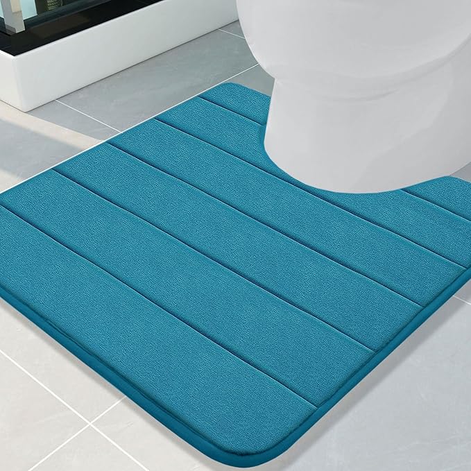 Buganda Memory Foam U-Shaped Contour Toilet Rugs, Non Slip Absorbent, Thick Soft Washable Bathroom Mat, Floor Carpet Bath Rugs Mat for Toilet Base (24" x 24", Peacock Blue)
