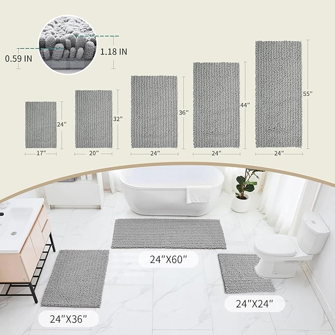 Bathroom Runner Rug 24x55 Non Slip Washable Long Bath Mat for Tub Thick Soft Absorbent Bathroom Floor Mat Large Chenille Bath Rug for Shower, Grey