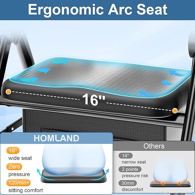 HOMLAND Rollator Walkers for Seniors with Seat, 8" All Terrain Wheels, Durable Aluminum Frame, Lightweight Foldable Walker with Ergonomic Seat, Height Adjustable Rolling Walker