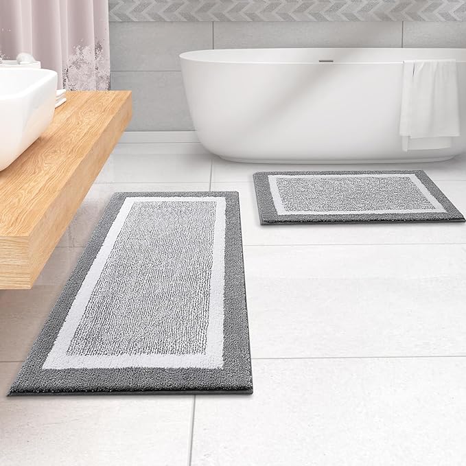 OLANLY Bathroom Rugs 47x24, Extra Soft and Absorbent Microfiber Bath Mat, Non-Slip, Machine Washable, Quick Dry Shaggy Bath Carpet, Suitable for Bathroom Floor, Tub, Shower (Runner, Grey)