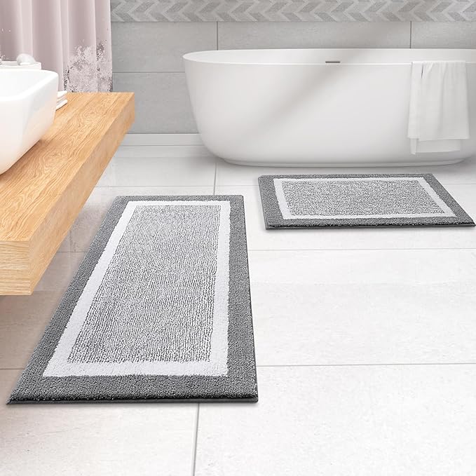 OLANLY Bathroom Rugs 47x20, Extra Soft and Absorbent Microfiber Bath Mat, Non-Slip, Machine Washable, Quick Dry Shaggy Bath Carpet, Suitable for Bathroom Floor, Tub, Shower (Runner, Grey)