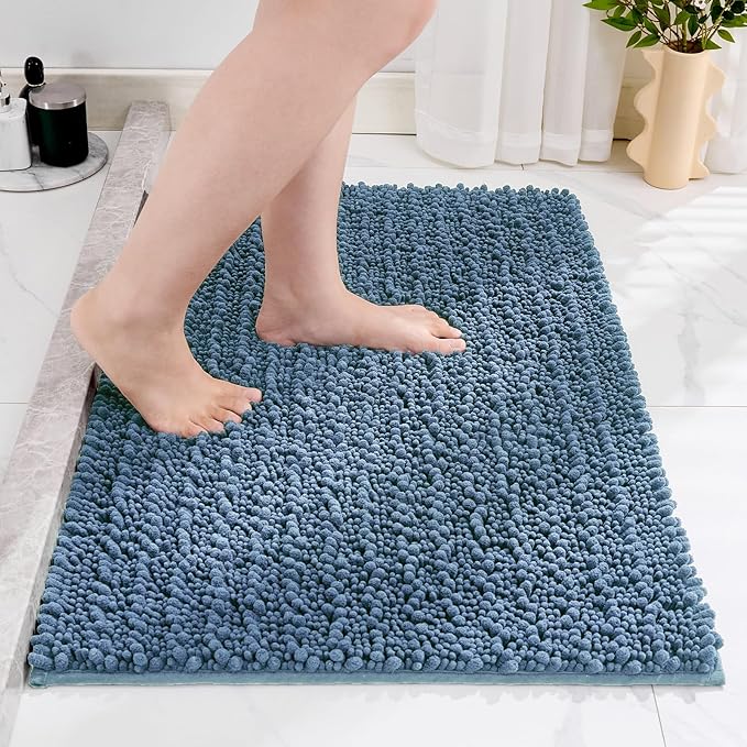 Small Bathroom Rug Non Slip Washable Blue Bath Mat 20x32 Super Absorbent Soft Bathroom Floor Mat Chenille Bath Rug for Shower Tub