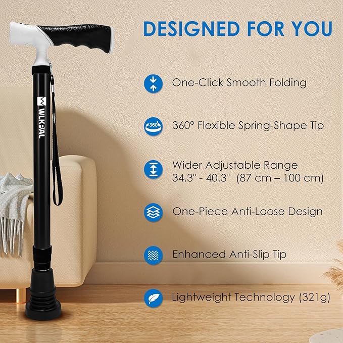 One-Button Telescopic Folding Walking Cane (Anchor Series) – Like an Umbrella | Compact, Lightweight & Travel-Friendly Folding Cane, Adjustable, All-Terrain Tips, Elegant Muted Tones