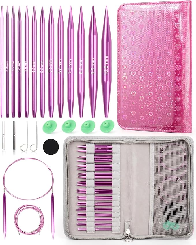 Aeelike Interchangeable Knitting Needles Set, 13 Sizes Circular Knitting Needles (3.0-10.0 mm) with 4 Cables & Leather Case, Smooth Knitting Needle for Blankets Cushions, Ideal Gift
