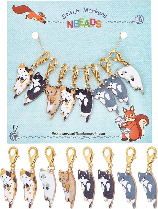 NBEADS 8 Pcs Cat Stitch Markers, Alloy Enamel Crochet Stitch Marker Charms Locking Stitch Marker with Lobster Claw Clasps for Knitting Weaving Sewing Accessories Quilting Jewelry Making