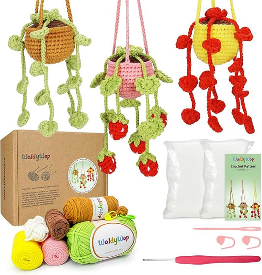 WaldyWop Crochet Kit for Beginners: 3 PCS Hanging Potted Crochet Plants Kits for Adults Kids 8-12 - Easy Video Tutorials & Printed Instructions & 40% Extra Yarn - DIY Birthday Gift Set for Girls Women