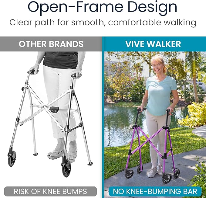 Vive Mobility Lightweight Walker for Seniors - Narrow, Folding Walker w/Wheels for Small & Tight Spaces - Light Weight for Balance, Compact Doorways, Foldable - Portable & Collapsible for Travel