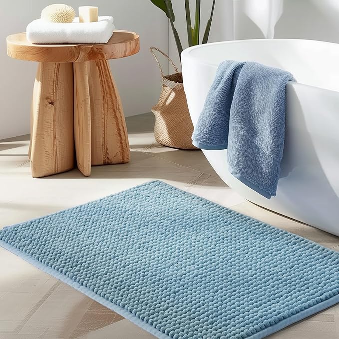 FRESHMINT Thick Chunky Chenille Bathroom Rugs 24"x36", Non Slip Bath Mat for Bathroom Floor, Large Soft Bathroom Decor Accessories, Cute Shower Mat Water Absorbent, Washable, Stone Blue