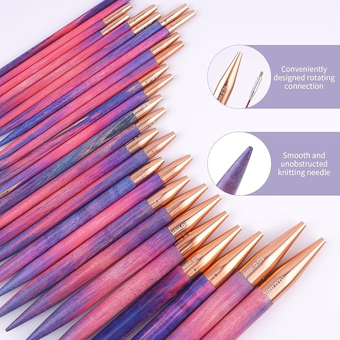 WAZAIGUR Circular Interchangeable Wooden Knitting Needles Set with Case Sizes 3mm, 3.25mm, 3.5mm, 3.75mm, 4mm, 4.5mm, 5mm, 5.5mm, 6mm, 7mm, 8mm, 9mm, 10mm, 13 Pairs, 4 Cables