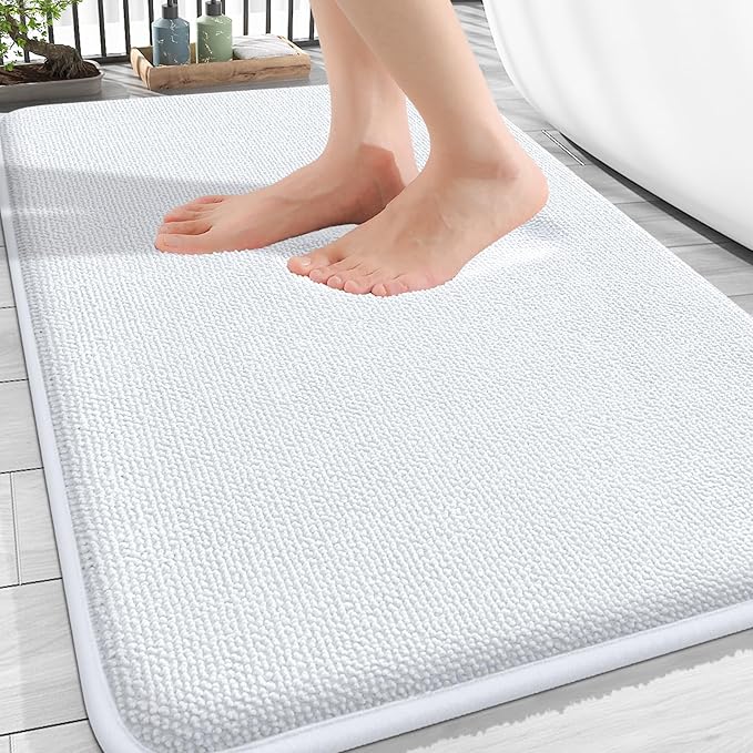 OLANLY Thick Memory Foam Bath Mat Rug 30x20, Extra Soft Absorbent Bathroom Rug, Quick Dry Bath Mats, Non-Slip, Machine Washable Carpet for Bathroom, Tub and Shower, Home Decor Accessories, White